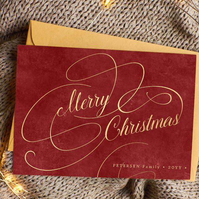 Elegant Merry Christmas gold script red non-photo Holiday Card (Creator Uploaded)