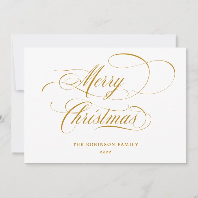 Elegant Merry Christmas Gold Script Typography Holiday Card (Front)