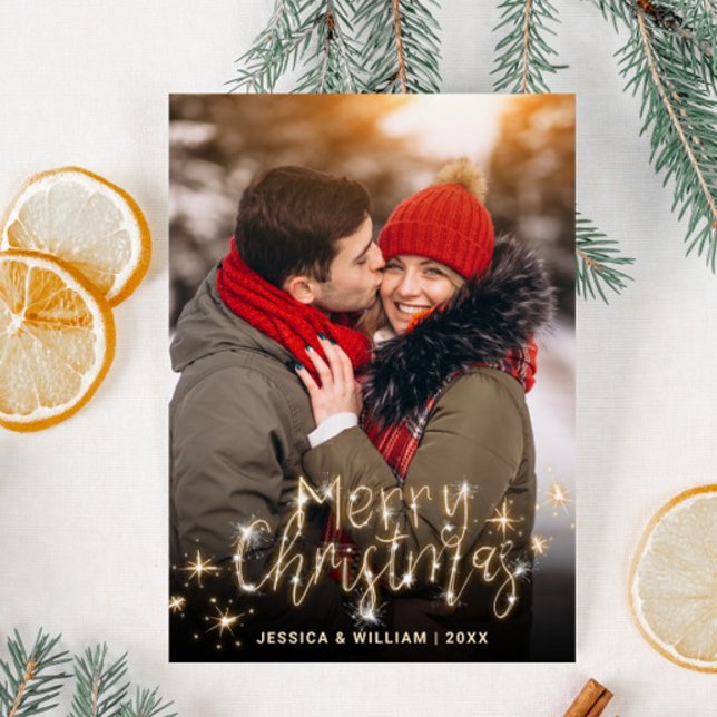 Elegant Merry Christmas Golden Sparkle PHOTO Holiday Card (Creator Uploaded)