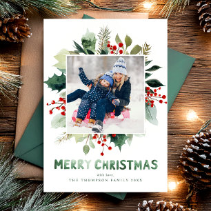 Elegant Merry Christmas Greenery Botanical  Holiday Card