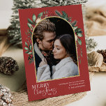 Elegant Merry Christmas Greenery Gold Arch Photo Holiday Card<br><div class="desc">This design features a modern greenery arch with a delicate glitter gold frame with a white frame outline with a single vertical photo. To make advanced changes,  please select 'Click to customise further' option under 'Personalise this template' section. Here,  you can edit/add text boxes,  colour and font.</div>