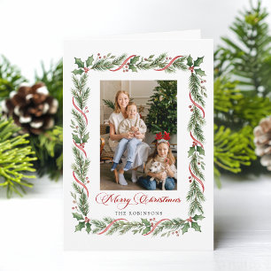 Elegant Merry Christmas Greenery w/Ribbon Photo Holiday Card