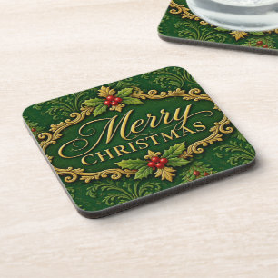 Elegant Merry Christmas Holly & Gold Damask Coaster