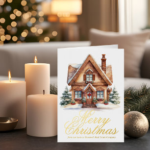 Elegant Merry Christmas House Custom Business Gold Foil Holiday Card