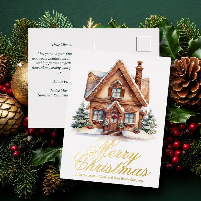 Elegant Merry Christmas House Custom Company Gold Foil Holiday Postcard (Creator Uploaded)