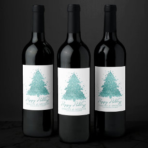Elegant Merry Christmas   Luxe Aqua Mint Custom Wine Label
