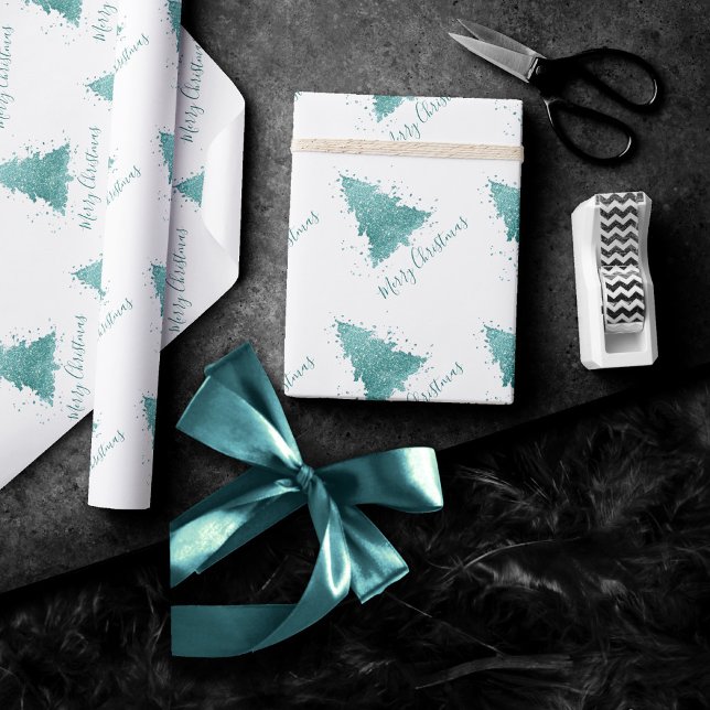 Elegant Merry Christmas | Luxe Aqua Teal Tree Wrapping Paper (Creator Uploaded)