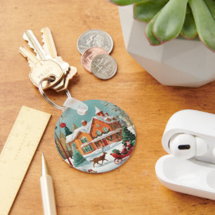 Elegant Merry Christmas Metal Circle Keychain