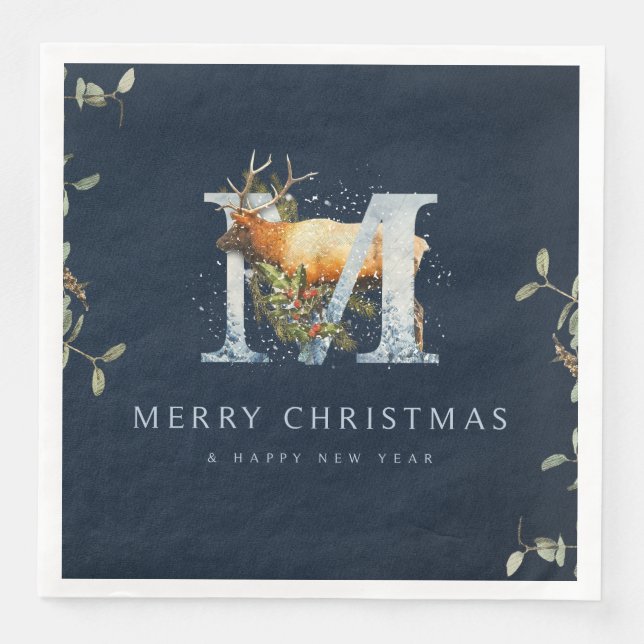 Elegant Merry Christmas Monogram Reindeer Napkin (Front)