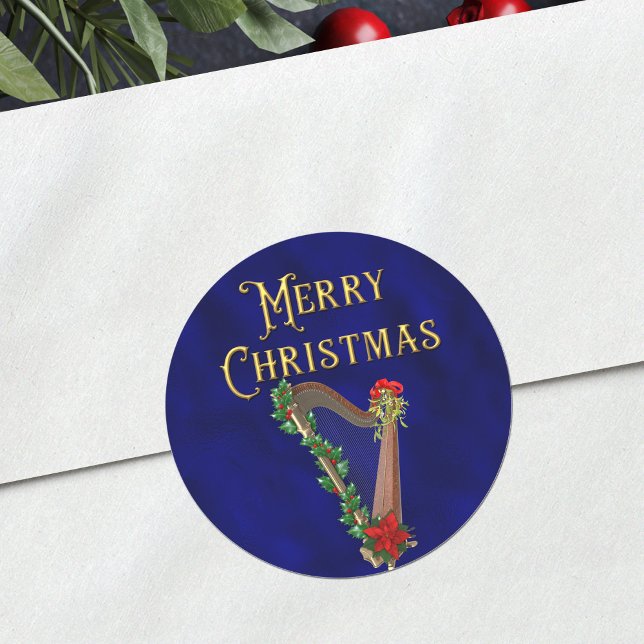Elegant Merry Christmas Music Harp Navy Blue Classic Round Sticker (Creator Uploaded)