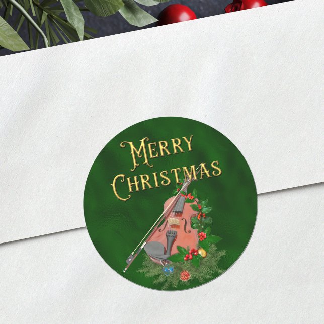 Elegant Merry Christmas Music Violin Green Classic Round Sticker (Creator Uploaded)