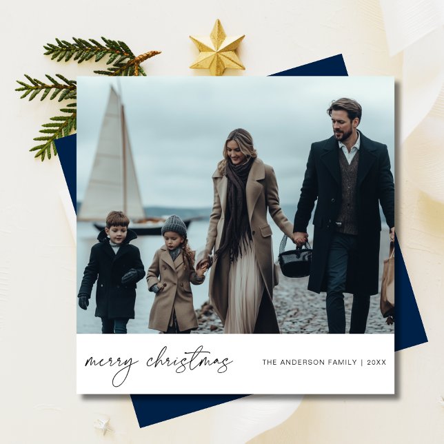 Elegant Merry Christmas Nautical Family Photo Blue Holiday Card (Creator Uploaded)