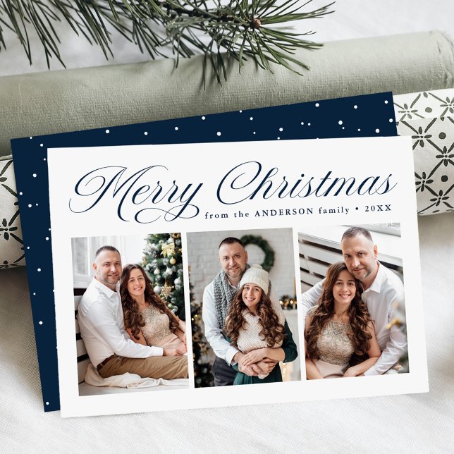 Elegant Merry Christmas Navy Calligraphy 3 Photo Holiday Card (Creator Uploaded)