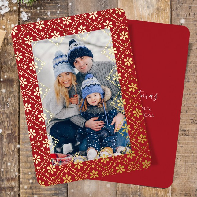 Elegant Merry Christmas One Photo Snowflake (Merry Christmas holiday photo card template with real gold foil.)