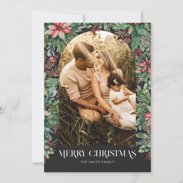 Elegant Merry Christmas Photo Arch Floral Holiday Card (Front)