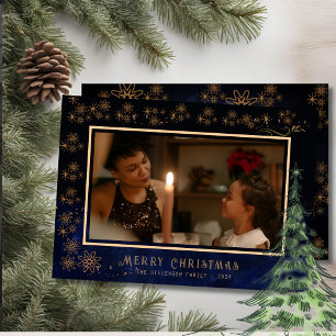 Elegant Merry Christmas Photo Blue Holiday Card