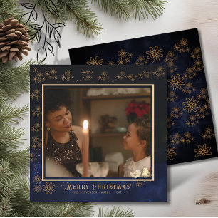 Elegant Merry Christmas Photo Navy Blue Holiday Card