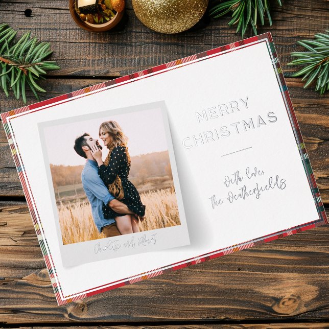 Elegant Merry Christmas Photo Silver (Christmas Photo Family Red Plaid Silver Foil Greetings)
