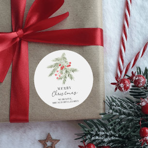 Elegant Merry Christmas Pine and Red Berries Classic Round Sticker
