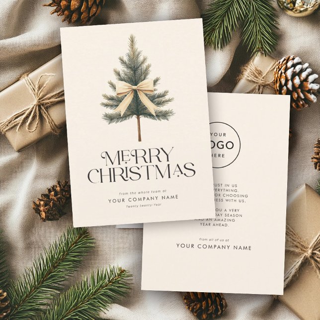 Elegant Merry Christmas Pine Tree Bow Business Holiday Card (Creator Uploaded)