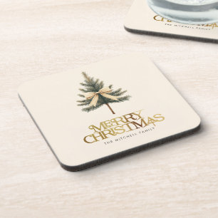 Elegant Merry Christmas Pine Tree Bow Family Coaster