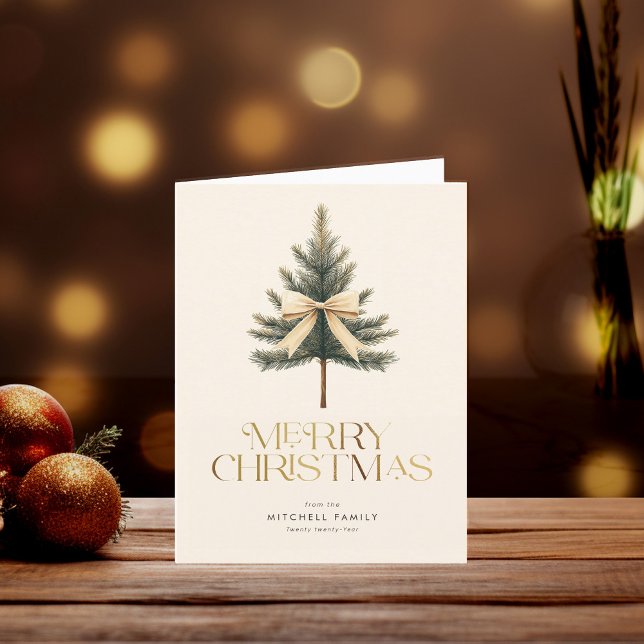 Elegant Merry Christmas Pine Tree Bow Family Holiday Card (Creator Uploaded)