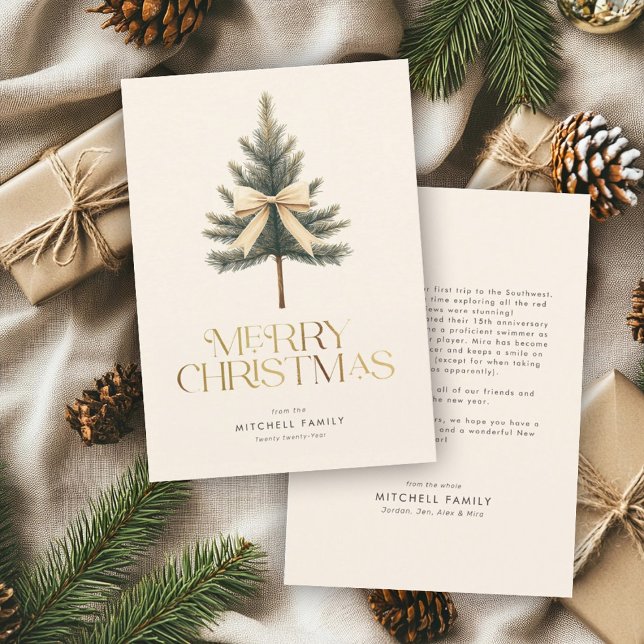 Elegant Merry Christmas Pine Tree Bow Family Holiday Card (Creator Uploaded)