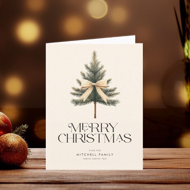 Elegant Merry Christmas Pine Tree Bow Family Holiday Card (Creator Uploaded)