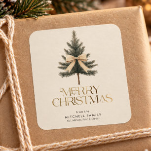 Elegant Merry Christmas Pine Tree Bow Family Square Sticker