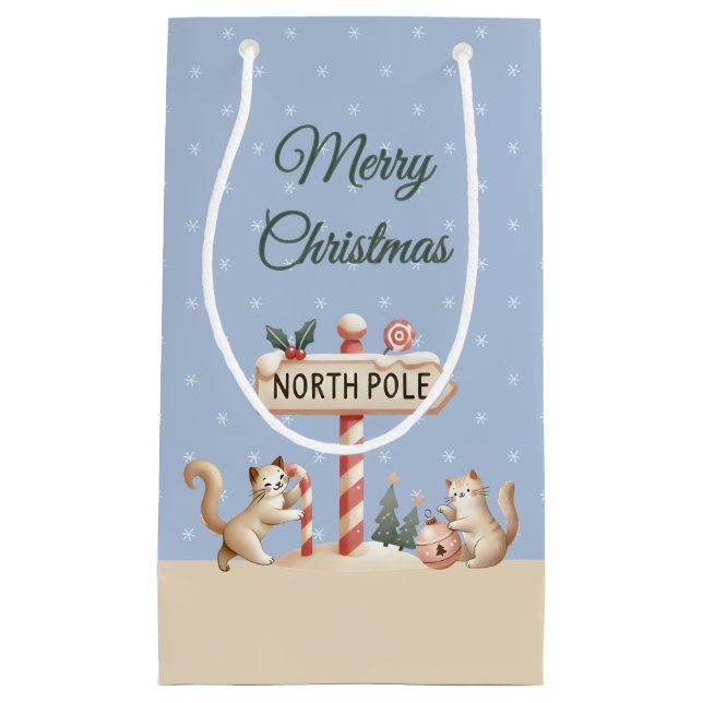 Elegant Merry Christmas Playful Kittens, Name  Small Gift Bag (Front)