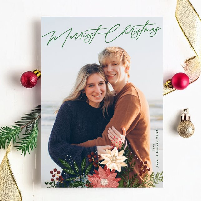 Elegant Merry Christmas Poinsettia Festive Photo  Holiday Card (Creator Uploaded)