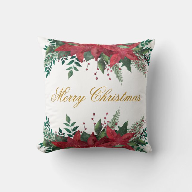 Elegant Merry Christmas Poinsettia Floral Cushion (Front)