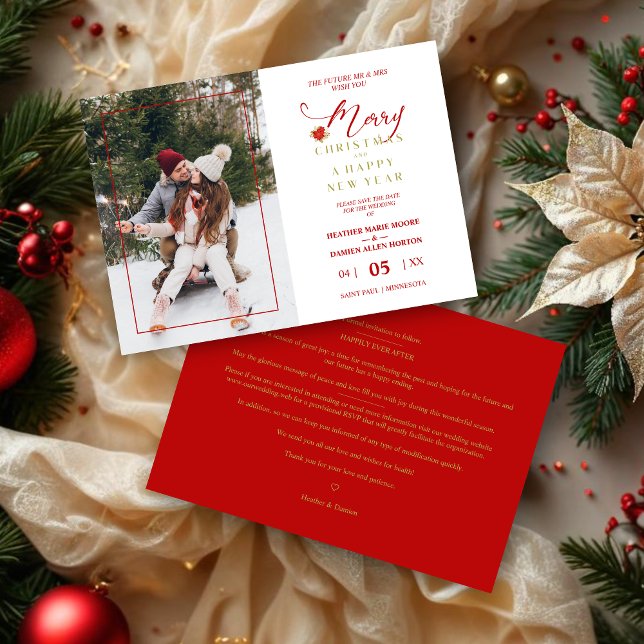 Elegant Merry Christmas Poinsettias Wreath Photo Save The Date (Merry Christmas Poinsettias Wreath Photo Wedding MR & MRS Couple Save the Date with Envelope.)