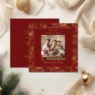 Elegant Merry Christmas Red Faux Gold Photo Holiday Card