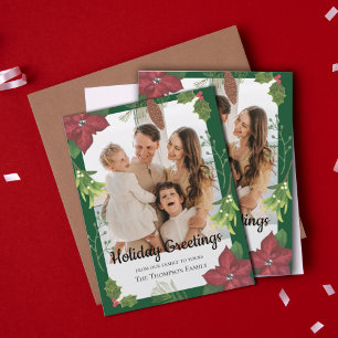 Elegant Merry Christmas Red Flower Family Photo Holiday Postcard