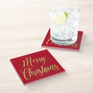 Elegant Merry Christmas Red & Gold Script Simple Glass Coaster