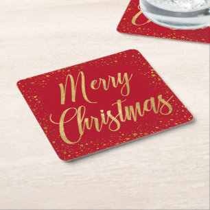 Elegant Merry Christmas Red & Gold Script Stars Square Paper Coaster