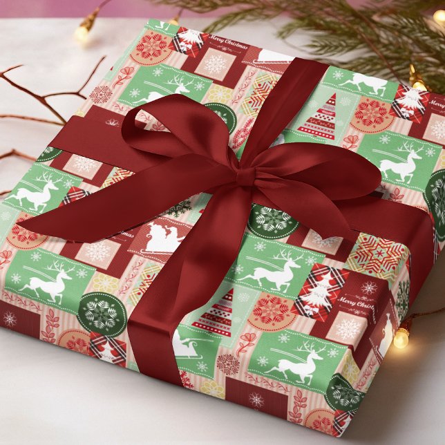 Elegant Merry Christmas Red Green Collage Wrapping Paper (Creator Uploaded)
