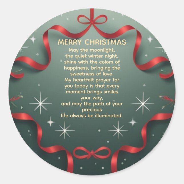 Elegant Merry Christmas Red Ribbon with Snowflakes Classic Round Sticker (Front)