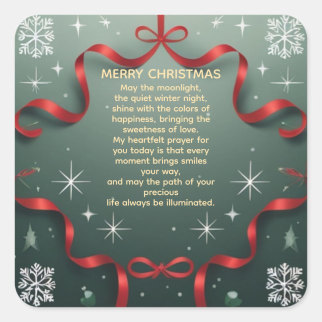 Elegant Merry Christmas Red Ribbon with Snowflakes Square Sticker (Front)
