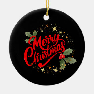 Elegant Merry Christmas Red Script Holly Gold Star Ceramic Tree Decoration