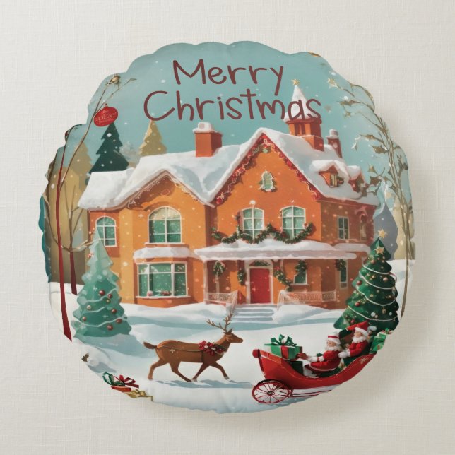 Elegant Merry Christmas Round Pillow (Front)