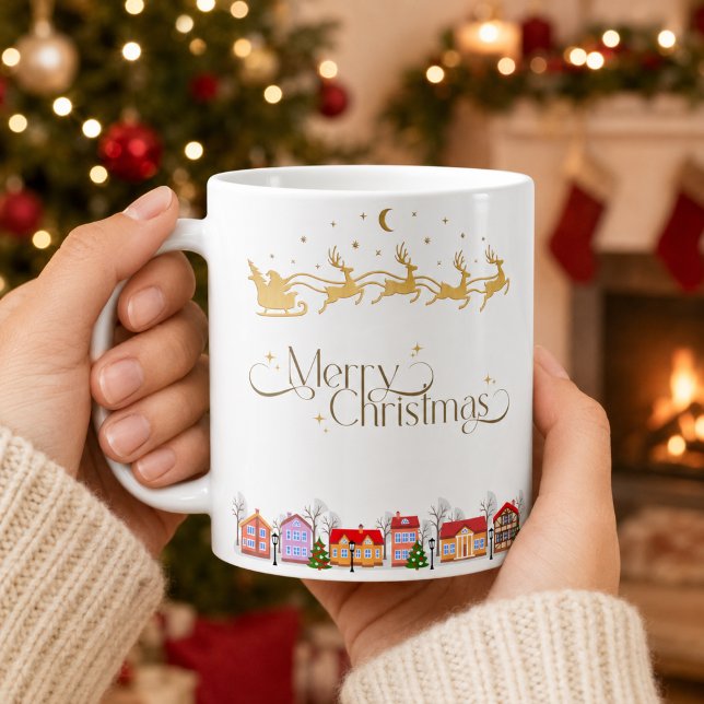 Elegant Merry Christmas Santa Sleigh and Village Coffee Mug (Creator Uploaded)