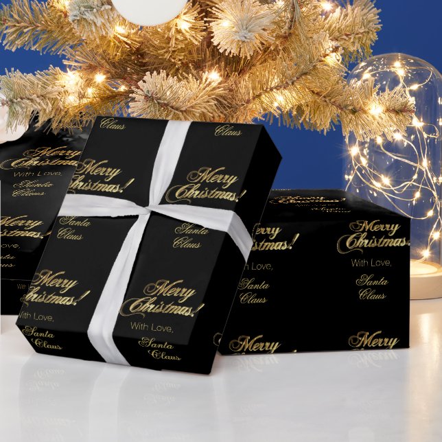 Elegant Merry Christmas Script Black and Gold Wrapping Paper (Holidays)