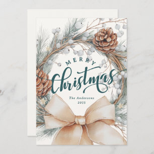 Elegant Merry Christmas Script Botanical Wreath  Holiday Card