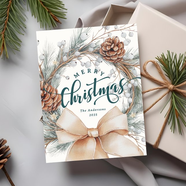 Elegant Merry Christmas Script Botanical Wreath  Holiday Postcard (Creator Uploaded)