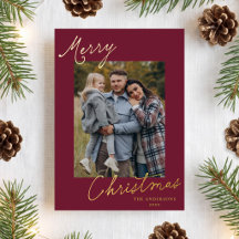 Elegant Merry Christmas Script Burgundy Photo