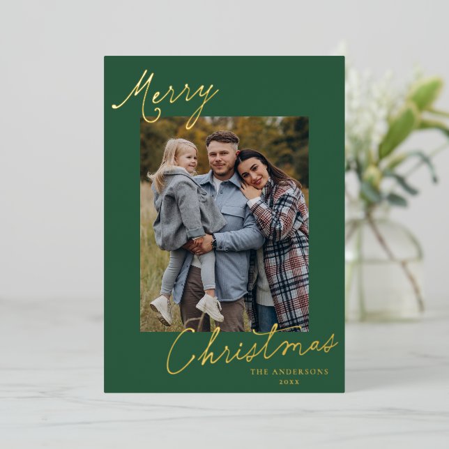 Elegant Merry Christmas Script Green Photo (Standing Front)