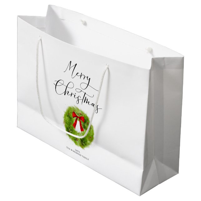 Elegant Merry Christmas Script Green Wreath  Large Gift Bag (Front Angled)