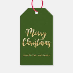 Elegant Merry Christmas script metallic gold green Gift Tags